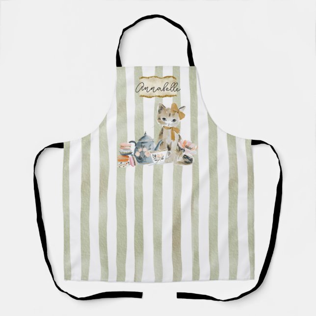 Personalized Watercolor Whimsical Cat Apron (Front)