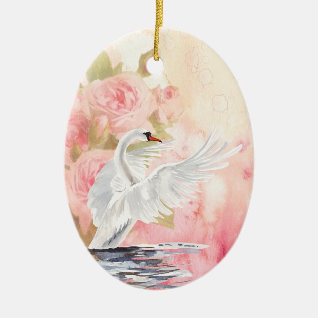 Personalized Watercolor White Swan and Roses Ceramic Ornament (Front)
