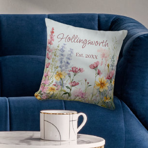 Personalized Watercolor Wildflower Field Throw Pillow