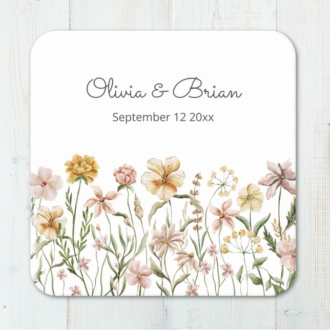 Personalized Watercolor Wildflower Meadow Floral Square Paper Coaster (Close up)