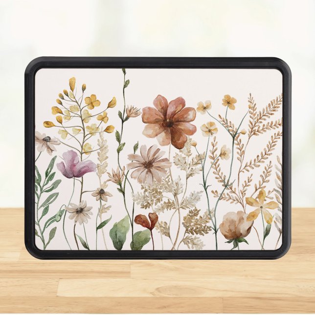 Personalized Watercolor Wildflower Pretty Floral Trailer Hitch Cover (Close up)