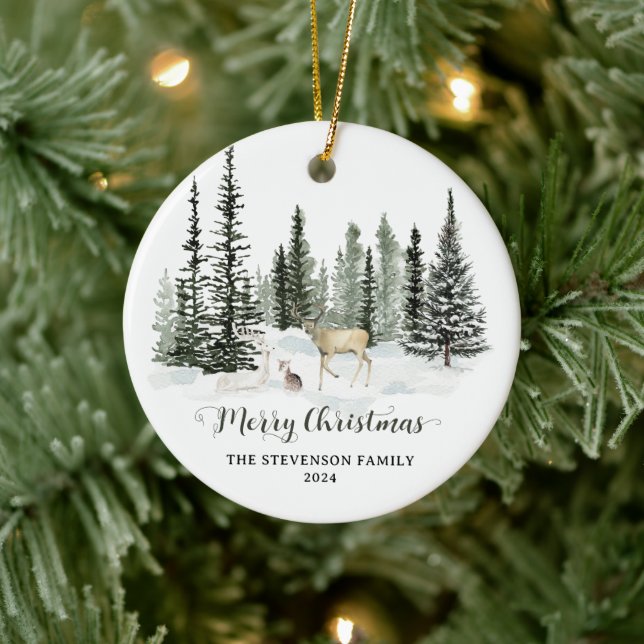 Personalized Watercolor Woodland Merry Christmas Ceramic Ornament (Tree)