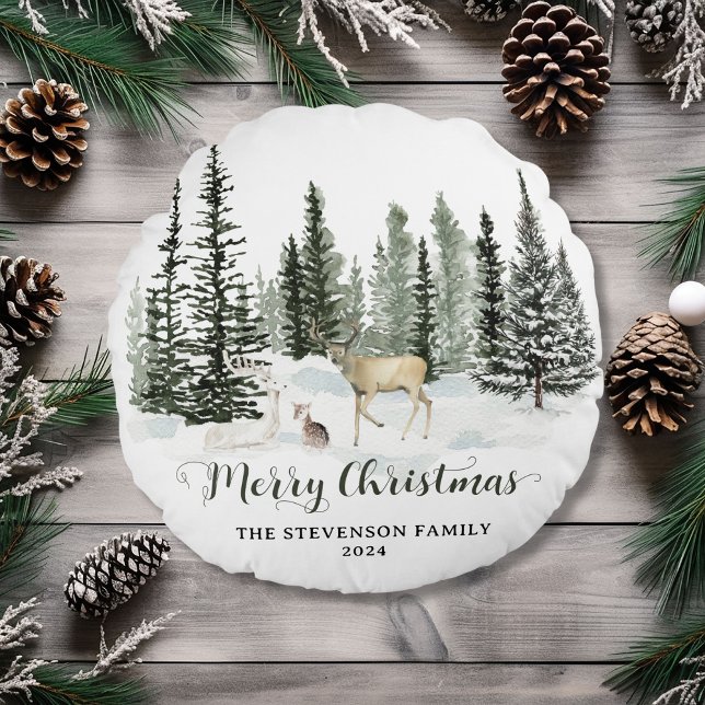 Personalized Watercolor Woodland Merry Christmas Round Pillow (Personalized Watercolor Woodland Merry Christmas Round Pillow)