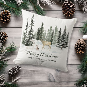 Personalized Watercolor Woodland Merry Christmas Throw Pillow