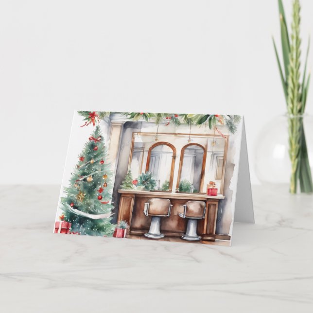 Personalized Watercolor Xmas Hair Salon  Holiday Card (Front)