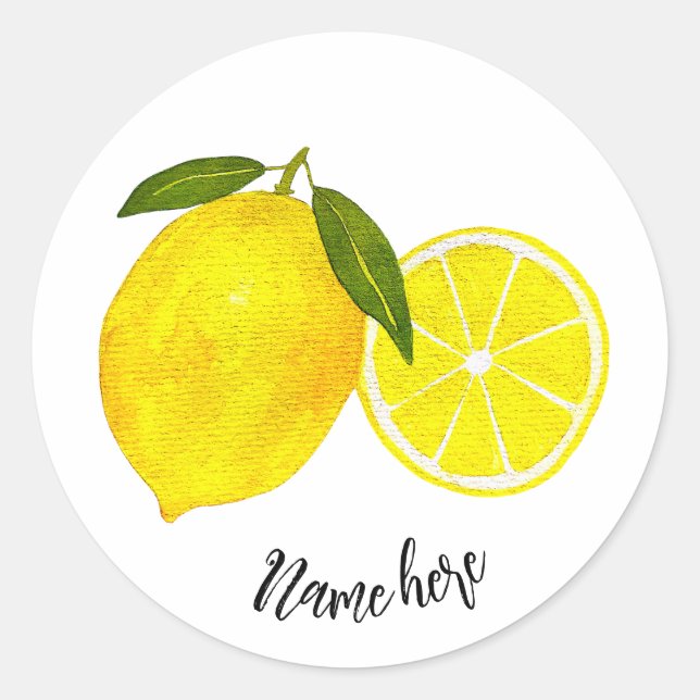 Personalized Watercolor Yellow Lemons Classic Round Sticker (Front)