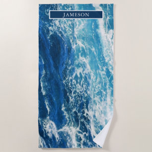 Personalized Wavy Blue Sea Beach Towel