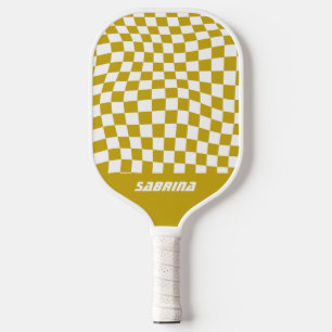 Personalized Wavy Chequered   Golden and White Pickleball Paddle