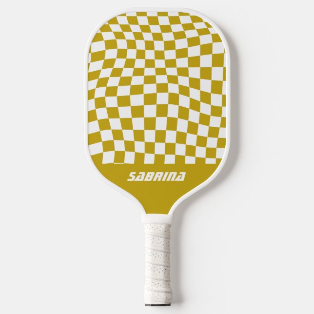 Personalized Wavy Chequered | Golden and White Pickleball Paddle (Front)