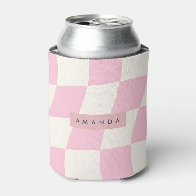 Personalized Wavy Pastel Pink Checkered  Can Cooler (Can Front)