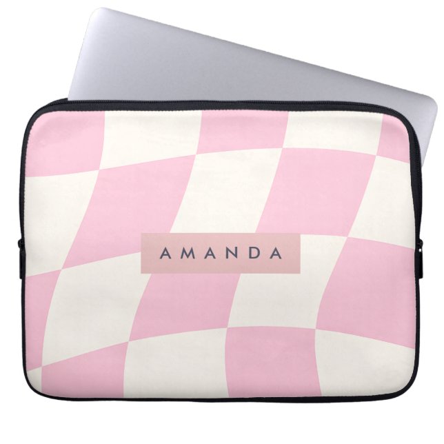 Personalized Wavy Pastel Pink Checkered  Laptop Sleeve (Front)