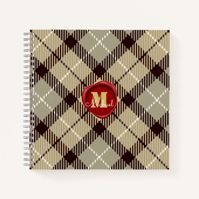 Personalized Wax Seal Monogram Name Grey Tartan Notebook (Front)