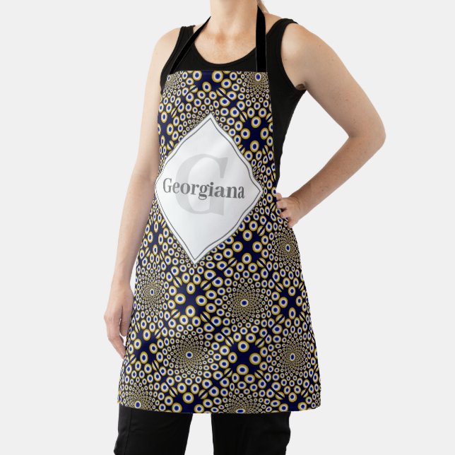 Personalized We Are Watching You Navy & Gold Tiled Apron (Insitu)