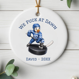 Personalized We Puck at Dawn Hockey Player Ornamen Ceramic Ornament