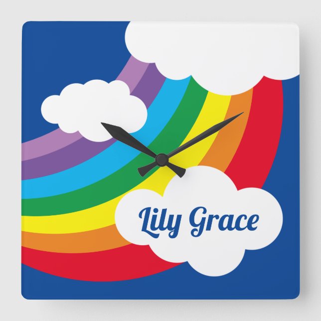 Personalized Weather, Rainbow, Clouds and Sunshine Square Wall Clock (Front)