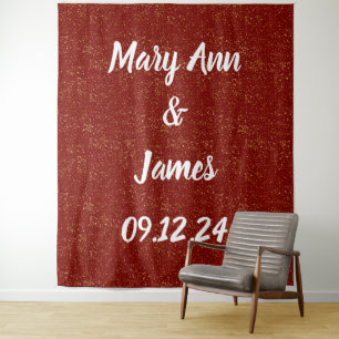 Personalized Wedding Backdrop Red Gold Lights Tapestry