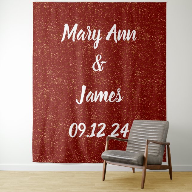 Personalized Wedding Backdrop Red Gold Lights Tapestry (In Situ)