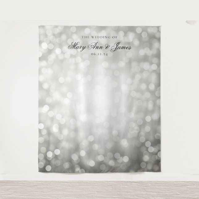 Personalized Wedding Backdrop Silver Bokeh Lights Tapestry (Front)