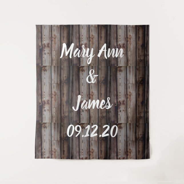 Personalized Wedding Backdrop Wood Background Tapestry (Front)
