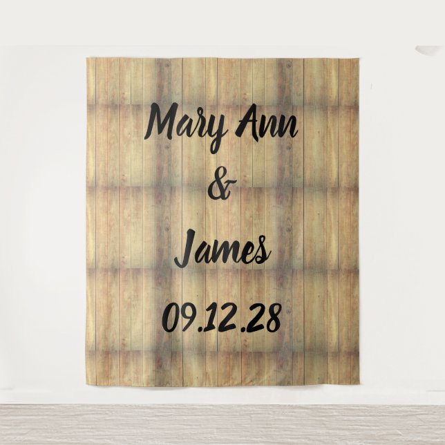 Personalized Wedding Backdrop Wood Background Tapestry (Front)