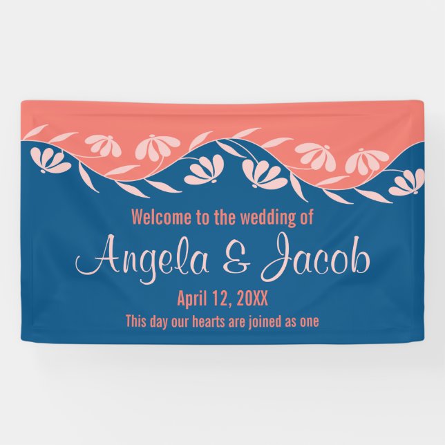 Personalized Wedding Banner Coral Blue Floral (Horizontal)
