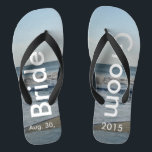 Personalized Wedding Beach Sand Flip Flops<br><div class="desc">Pretty Blue Sky with Light Fluffy White Clouds, Blue Sea, Crashing Ocean Waves and Beach Sand. Unisex Flip Flops with Bride and Groom Date of Marriage written in a white colour text. PERSONALIZE with your text on left and right feet, (or delete text to only show image). The wedding date...</div>