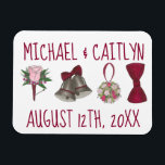 Personalized Wedding Bell Flowers Bowtie Bouquet Magnet<br><div class="desc">Magnet design features an original illustration of a row of classic wedding designs including a bell,  bowtie,  flower bouquet and boutonniere. Just personalize with your information.

Don't see exactly what you're looking for? Contact Rebecca to have a product customized just for you!</div>
