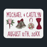Personalized Wedding Bell Flowers Bowtie Bouquet Magnet<br><div class="desc">Magnet design features an original illustration of a row of classic wedding designs including a bell,  bowtie,  flower bouquet and boutonniere. Just personalize with your information.

Don't see exactly what you're looking for? Contact Rebecca to have a product customized just for you!</div>