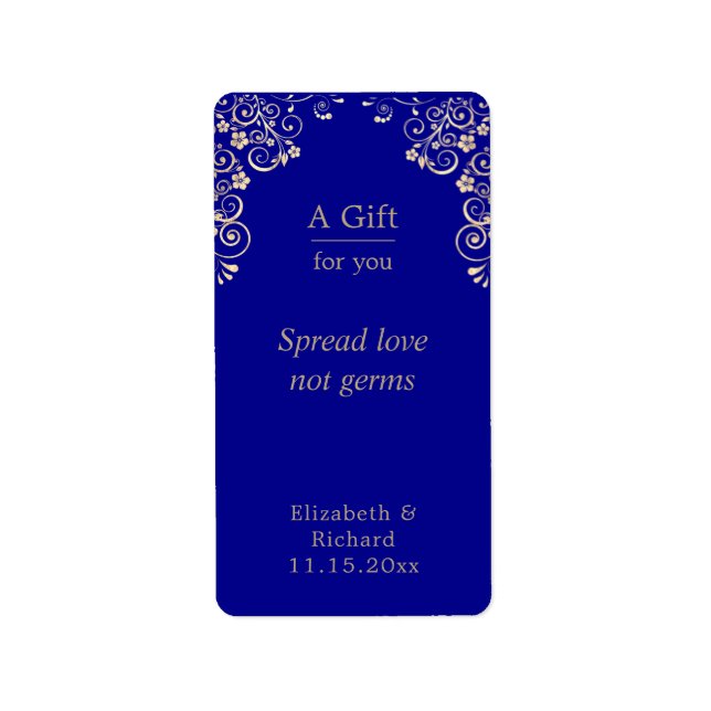 Personalized Wedding Blue Gold Hand Sanitizer  Label (Front)
