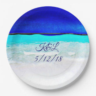 Personalized Wedding Blue Ocean Sandy Beach Plates
