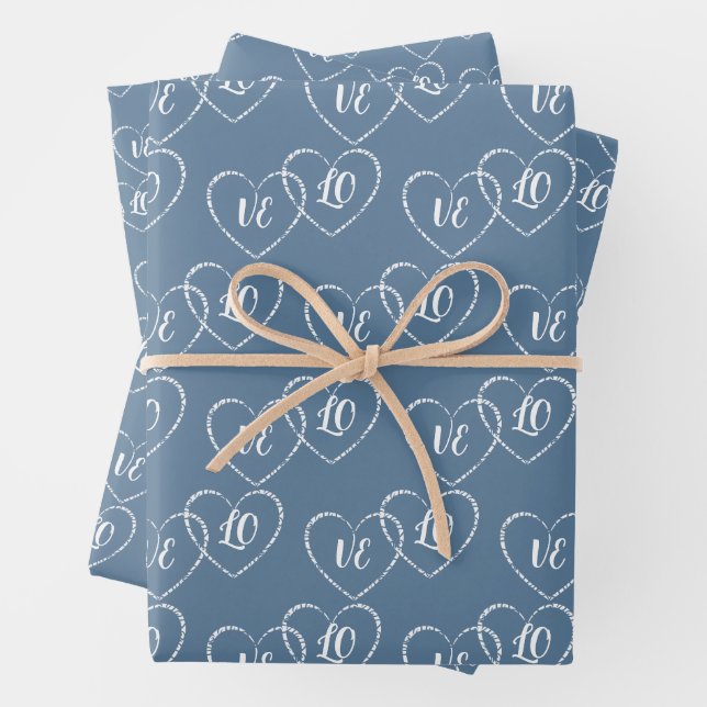 Personalized Wedding Blue & White Heart Charms Wrapping Paper Sheet (In situ)