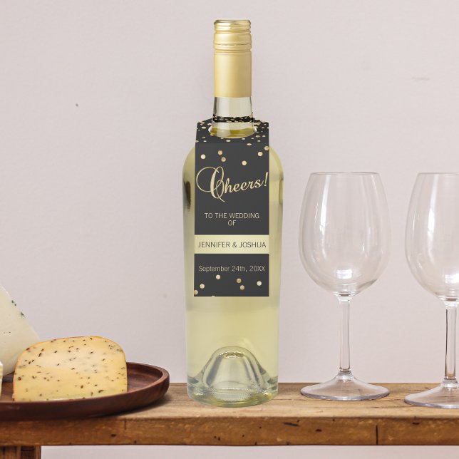 Personalized Wedding CHEERS Black Gold Confetti Bottle Tag (Creator Uploaded)