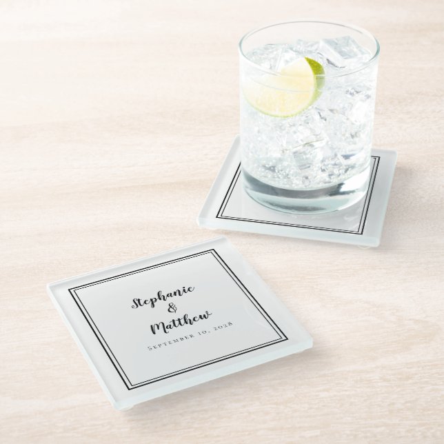 Personalized Wedding Couple Keepsake Black & White Glass Coaster (Angled)