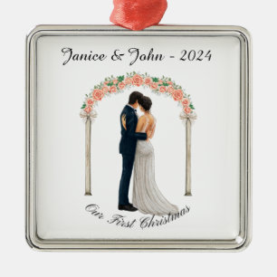 Personalized Wedding couple, our first Christmas, Metal Ornament