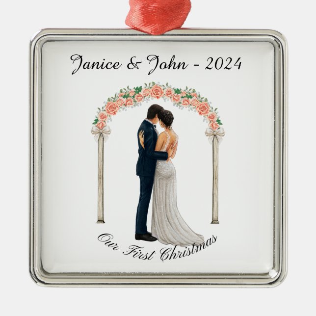Personalized Wedding couple, our first Christmas, Metal Ornament (Front)