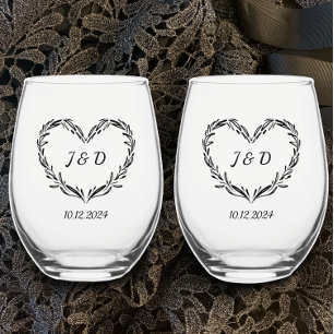 Personalized Wedding Couple's Initials Monogram   Stemless Wine Glass