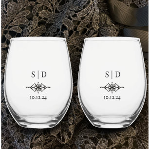Personalized Wedding Couple's Monogram Unique Stemless Wine Glass