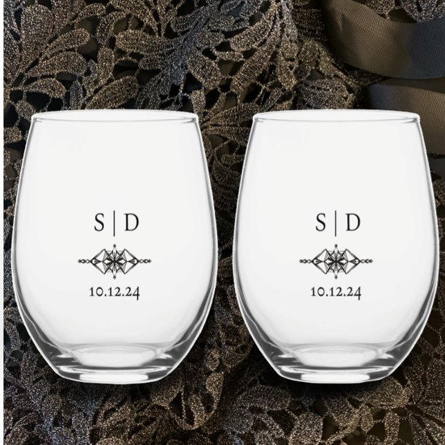 Personalized Wedding Couple's Monogram Unique Stemless Wine Glass (Stylish modern couple’s initials monogrammed wedding glasses with unique gem design gift, favor deco)