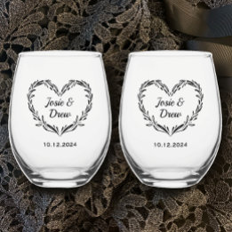 Personalized Wedding Couple's Name & Date Heart   Stemless Wine Glass