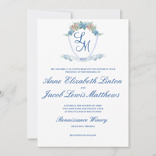 Personalized Wedding Crest with Hydrangea Invitation (Front)