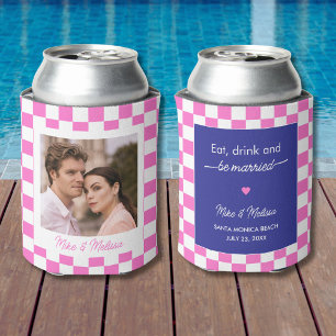 Personalized Wedding Custom Photo Retro Pink Tiles Can Cooler