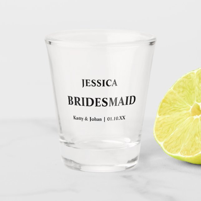 Personalized Wedding Date and Names Bridesmaid Shot Glass (Front)