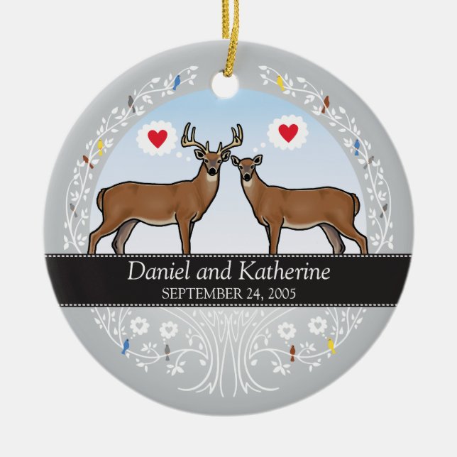 Personalized Wedding Date Anniversary, Buck & Doe Ceramic Ornament (Front)