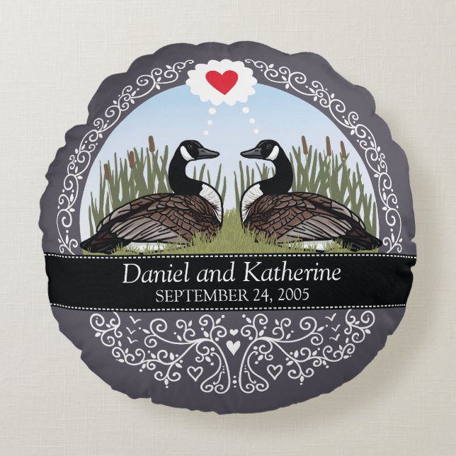 Personalized Wedding Date Anniversary, Geese Round Pillow (Front)
