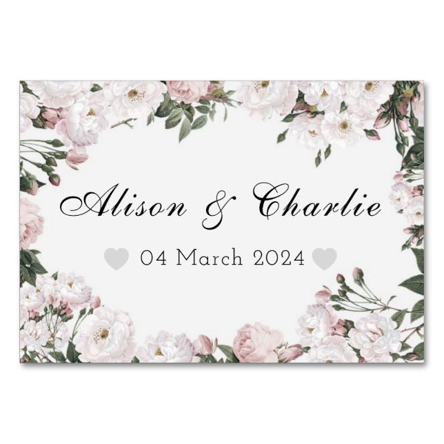 Personalized Wedding Date Floral Table Card (Front)