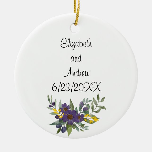 Personalized Wedding Date Purple Yellow Floral Ceramic Ornament (Front)