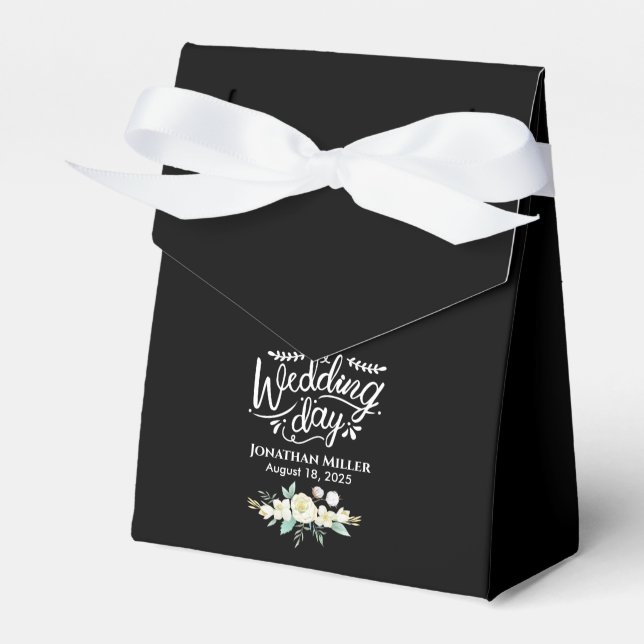 Personalized  Wedding Elegant Black White Floral F Favor Box (Front Side)