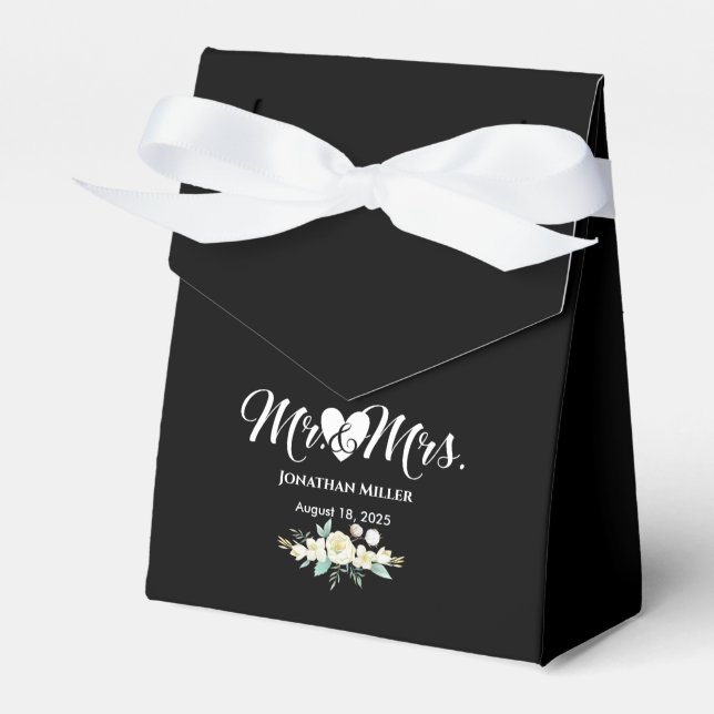 Personalized  Wedding Elegant Black White Floral Favor Box (Front Side)