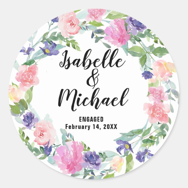 Personalized Wedding Engagement Pink Purple Flower Classic Round Sticker (Front)