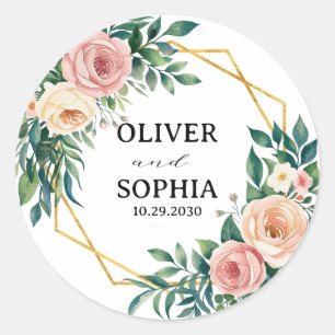Personalized Wedding Favour Floral Gold Wreath Classic Round Sticker